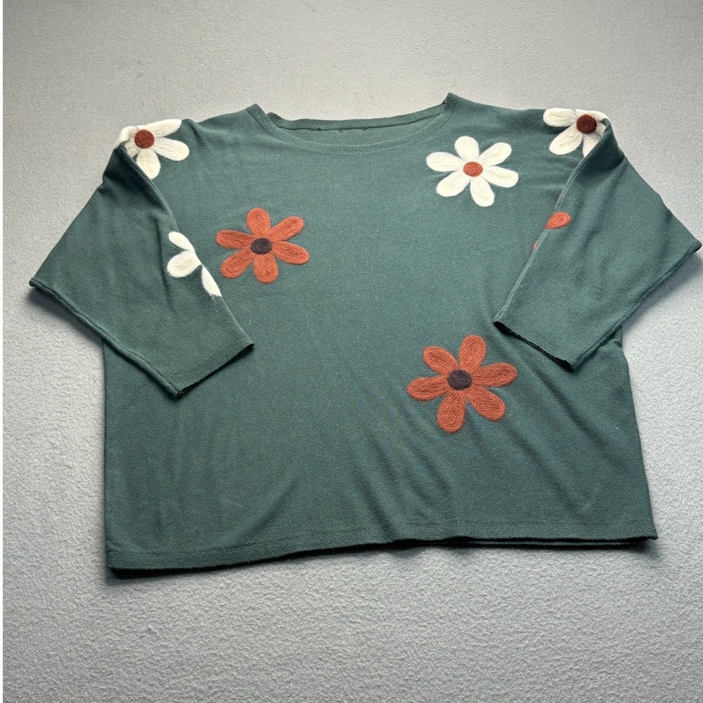 Daisy Floral Applique Knit Sweater Forest Green Boxy 3/4 Sleeve Relaxed Fit L/XL